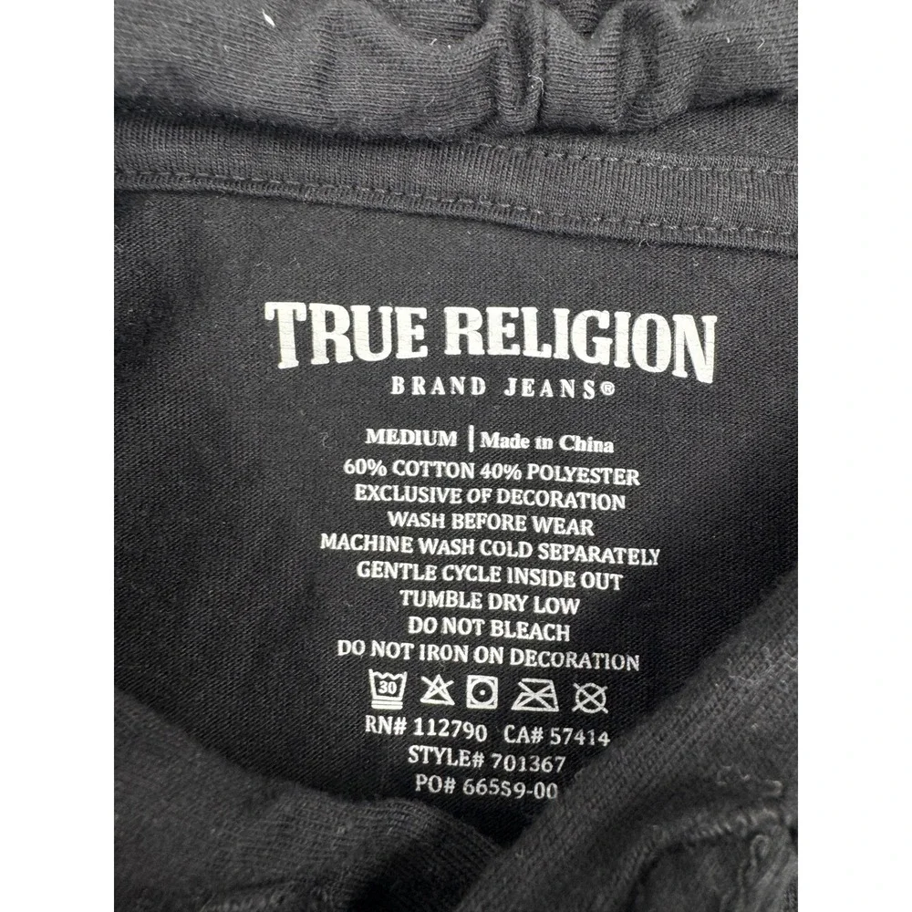 True Religion Mens M Black Short Sleeve Hoodie Shirt Buddha Guitar Graphic Retro